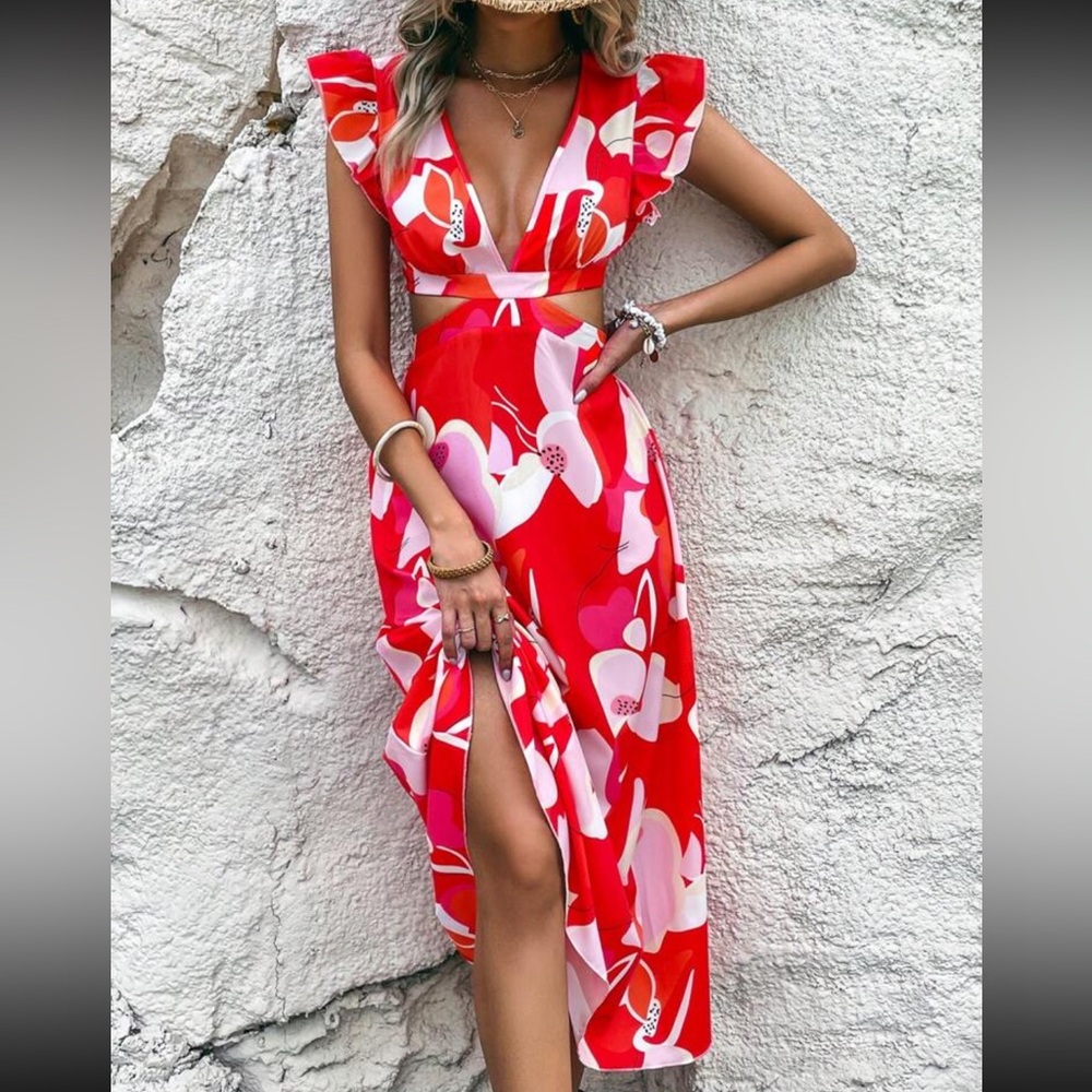 Boho Abstract Geo Print Cut Out Deep V -Neck Dress RED - Picture 2 of 4